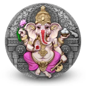 Ganesha Hindu Pantheon 5 Oz Gilded Silver Coin