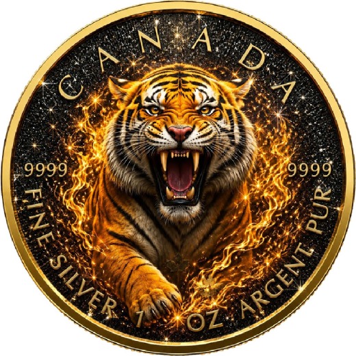 BLAZING TIGER Black Diamond Edition 1 Oz Silver Maple Leaf