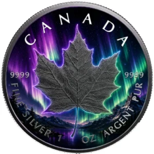 AURORA BOREALIS Maple Leaf 1 Oz Silver Coin