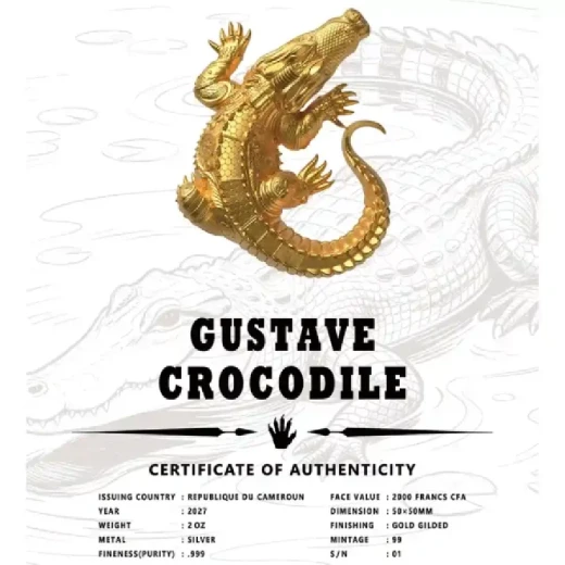 Crocodile 3D Sculpture Gold Gilded Silver Coin - Image 3