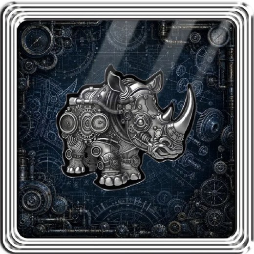 Mech Rhino Shaped Antiqued 2 oz Silver Coin - Image 5