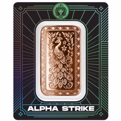 Featuring the same elegant Peacock design as the standard Marquee edition, this exclusive Alpha Strike™ release represents some of the very first bars struck during the initial production run. With a strictly limited mintage of 499, each bar is individually serialized and sealed in Scottsdale Mint's tamper-evident Certi-Lock® packaging, offering collectors an elevated level of authenticity, security, and exclusivity. Struck from 1 AVDP ounce of .999 fine copper, the Marquee Peacock Alpha Strike™ Bar showcases a peacock in full plume, its layered feathers sweeping across the lower field in fine scrollwork beside a flowering branch and leaves. The result is an ornate, high-relief design that reflects Scottsdale Mint's renowned attention to detail and precision minting.