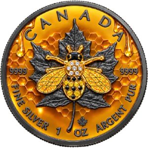 pecification Details Mintage 199 pieces Year 2026 Country Canada Denomination $5 Metal Content .999 Silver Weight 1 oz Diameter 38 mm Quality BU Finish Black Platinum, Special Metal Finish Special Feature Raised 3D Bee Insert Packaging Premium Decorative Display Box with COA