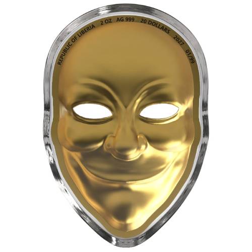 Guy Fawkes Mask Gold Gilded 2 oz .999 Silver Coin - Image 2